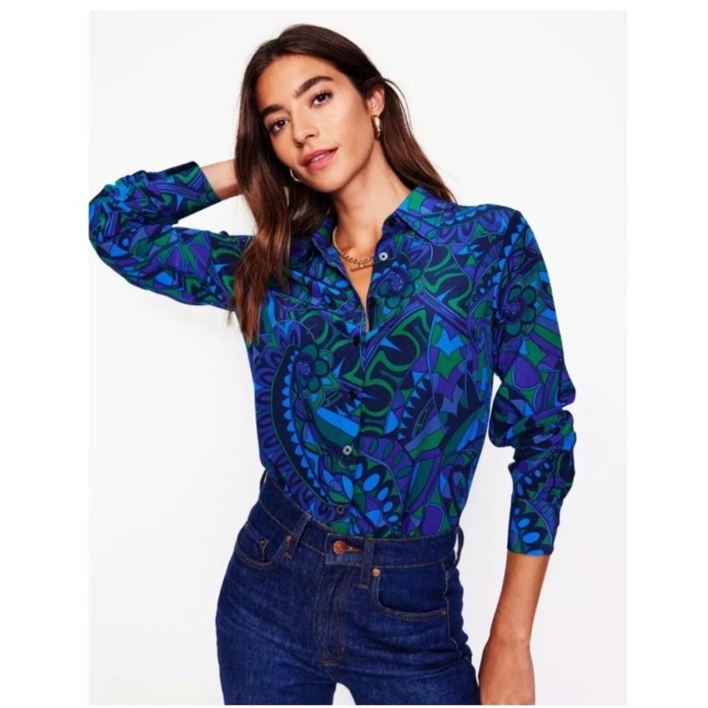 Boden Sienna Silk Shirt Blue Green Psychedelic Paisley Button Down Blouse US 8P